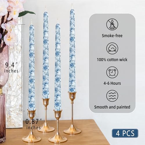 Chinoiserie Blue Floral Taper Candles - 10" Blue White Floral Candlestick Printed Long Flower Dinner Candle Sticks for Mother's Day Wedding Table Centerpiece Home Decor,4 Pack - Image 4