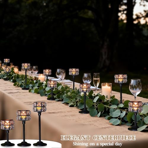 Crystal Metal Candle Holder, Square Crystal Beads Bling Tea Light Candlestick, Tall Votive Candelabra Elegant Centerpiece for Table Wedding Decoration, Home Decor (Black, Set of 3) - Image 4