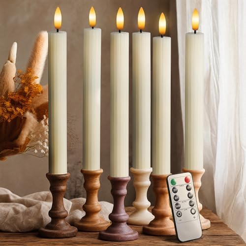 6 Pack, 10" LED Flameless Real Wax Ivory Fluted Ribbed Grooved Taper Candles, Remote & 24h Timer Memory, On/Off Button, Dimmable, Flicker Mode, Battery Operated, Wedding by WestIvory