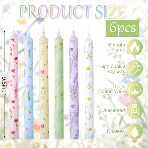 Conelist 6pcs 9.8" Pastel Floral Pillar Candles Candlesticks - Image 2