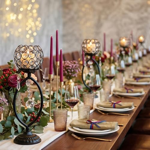 2 Pcs Elegant Metal Crystal Tea Light Candle Holders with Crystal Pendants, Hollow Design - Wedding Table Centerpieces for Anniversary Birthday Party, Home Decor (2, Black) - Image 5