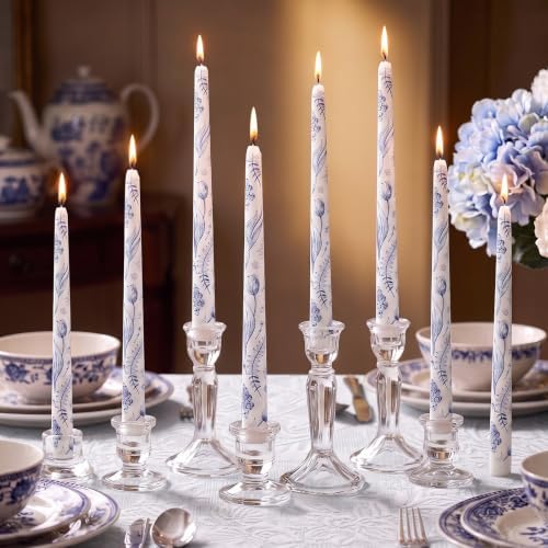 Conelist 12pcs Blue White Floral Taper Candle 9.8" Chinoiserie Candlestick by Conelist