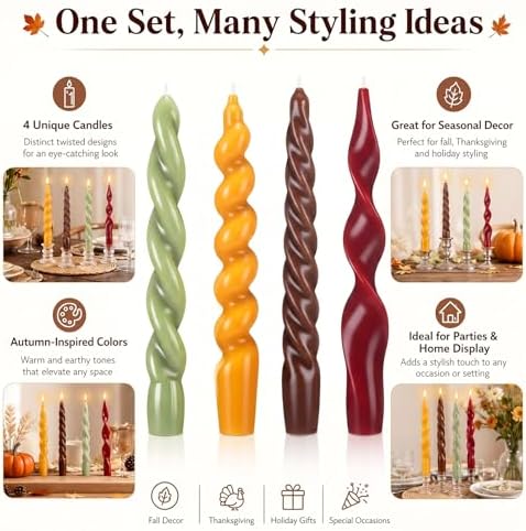 Nuanchu 4 Pcs Twisted Taper Candles,7.87 Inch,Pure,Fall Thanksgiving - Image 4