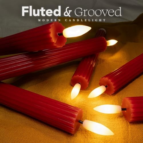6 Pack, 10" LED Flameless Real Wax Red Fluted Ribbed Grooved Taper Candles, Remote & 24h Timer Memory, On/Off Button, Dimmable, Flicker Mode, Battery Operated, Wedding - Image 2