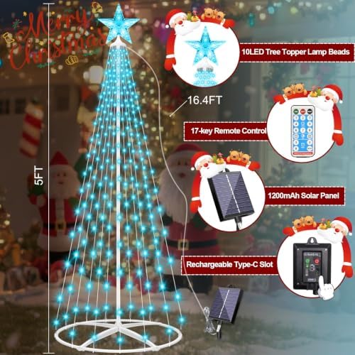 Outdoor Solar Christmas Tree Lights, 5FT Lighted Artificial Cone Tree - Image 2