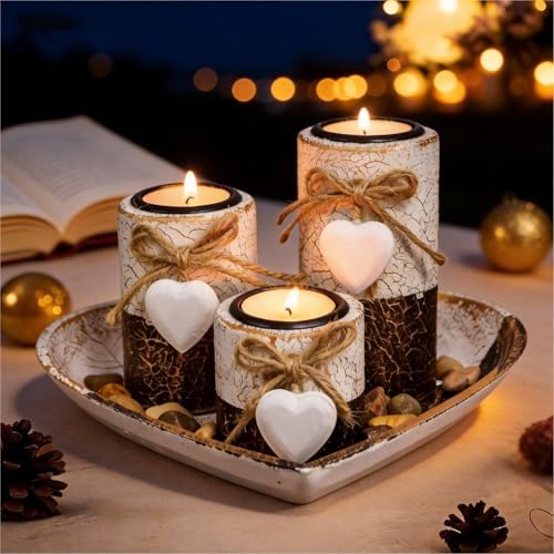 Wooden Tealight Candle Holders with Heart Tray, Rustic Farmhouse Candle Holders for Table Centerpiece Classic and Elegant Tea Light Holder Set for Valentines Day Wedding Anniversary Holiday Home Decor - Image 2