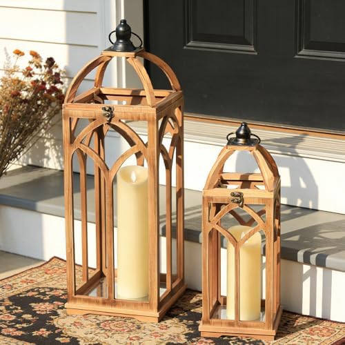 Large Farmhouse Wooden Lantern Decorative Indoor & Outdoor,30‘’/20‘’H Set of 2 Rustic Hanging Candle Lanterns, Wooden Outdoor Lanterns for Patio Front Porch Table, Natural Wood - Image 5