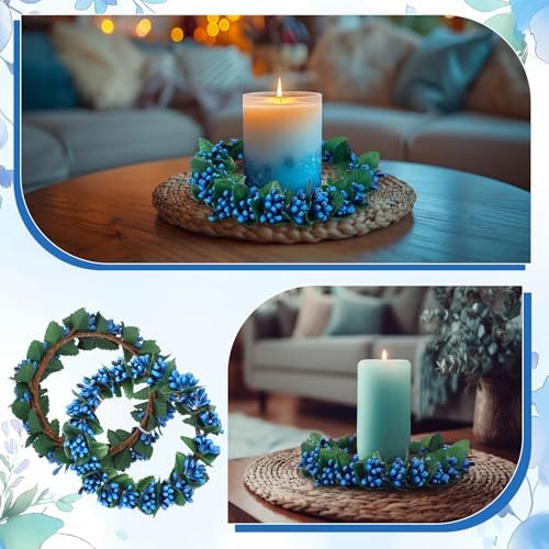 Daifunli 2 Pcs Williamsburg Blue Candle Rings Wreath Blue Pip Berry Ring Wreath for Pillar 3.9 Inch Candles Holder for Holiday Table Centerpiece Wedding Kitchen Cabinets Rustic Table Decor - Image 6