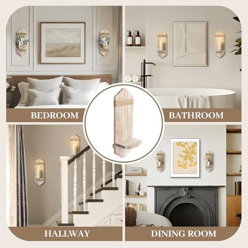 Wall Candle Sconces Set of Two, Rustic Washable White Wood Wall Candle Holder Decor, Farmhouse Wooden Candle Holder Decorations for Fireplace, Hallway, Living Room, Bedroom - Image 6