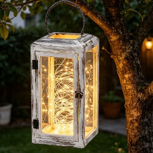 16" High Wooden Lantern Made of Solid Firwood in Whitewash with Metal Handle,Hurricane Lantern, Farmhouse Lantern for Party, Deck, Front Porch - Image 4