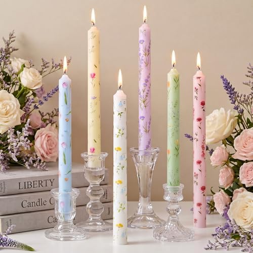 Conelist 6pcs 9.8" Pastel Floral Pillar Candles Candlesticks by Conelist