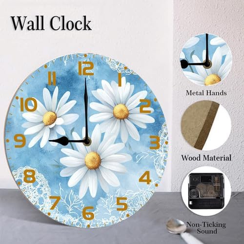 Chamomile Flowers Daisies Wooden Silent Non-Ticking 10 Inch Round Clocks Battery Operated Analog for Living Room Kitchen Bedroom Bathroom Office Home School Decor