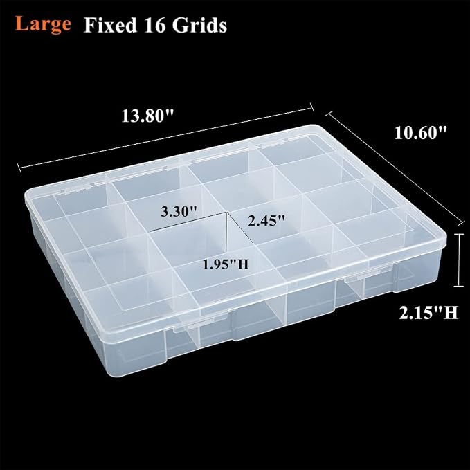 2 Pack Fixed 16 Grids Clear Plastic Large Compartment Container Case, Transparent Organizer Storage Divider Box with Lid for Bead, Button, Hardware, Screw, Sewing Kit, Craft Supplies