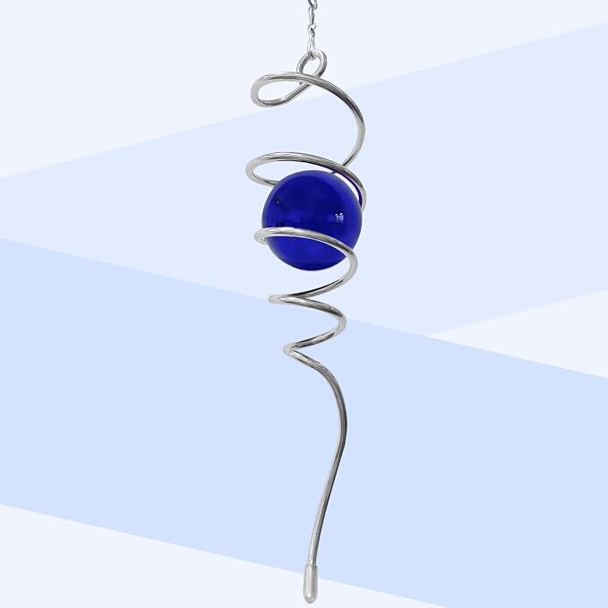 Gazing Ball Spiral Tail,Wind Spinner Tail with Dark Blue Glass Orb,Wind Spinners Stabilizer,Visual Illusion in Spinning Hanging Rotating Art Decor,Indoor Outdoor Garden Decoration-13in