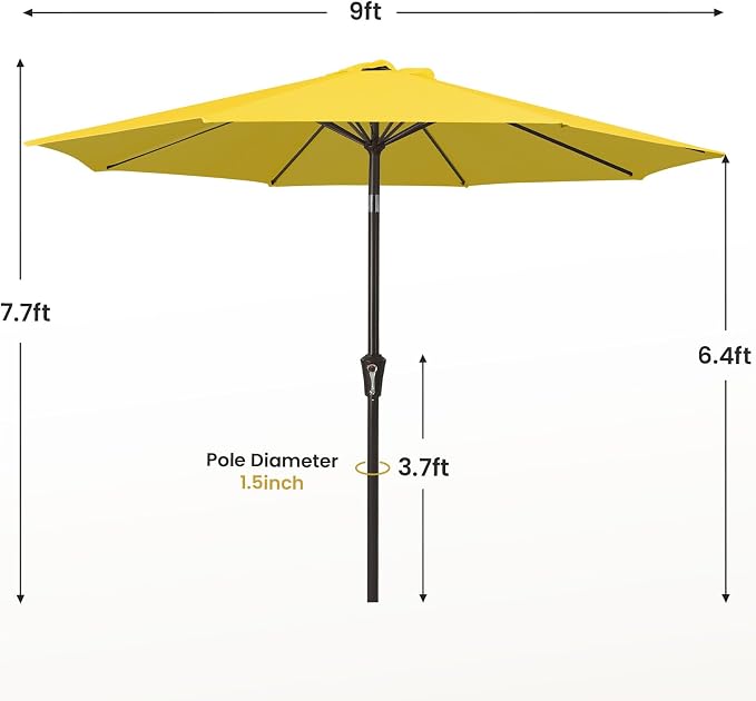 MEWAY 9ft Patio Umbrella Outdoor Table Umbrellas with Push Button Tilt and Crank, Market Umbrella 8 Sturdy Ribs for Deck, Garden, Pool and Backyard, Yellow