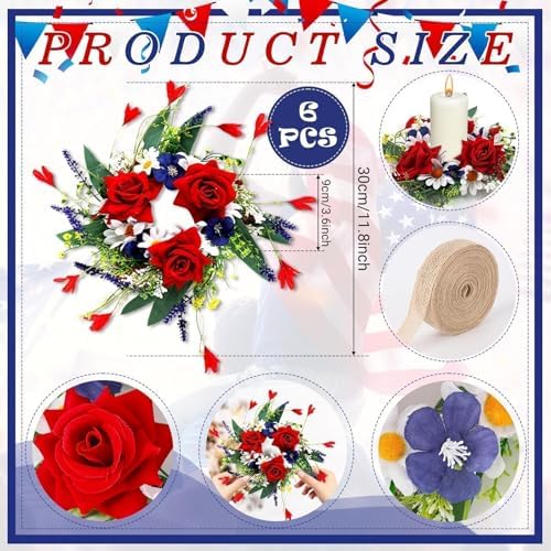 6 Pcs Patriotic Candle Ring Red, White and Blue Floral Veterans Day Wreath for Cabinets Mini Patriotic American Wreath 4th of July Independence Day Rings Wreaths for Pillars Table Window Door Decor - Image 3