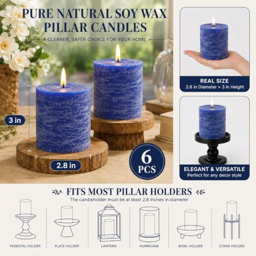 Rustic Soy Pillar Candles 2.8x3 Inch,6 Pack Blue Candle - Image 3