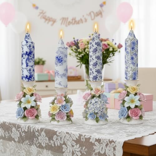 5 Inch Blue and White Short Taper Candles Hand Poured Smokeless Unscented Porcelain Style Chinoiserie Floral Candles for Wedding Nautical Dinner Home Decor Housewarming Gift Mother's Day Meditation - Image 5