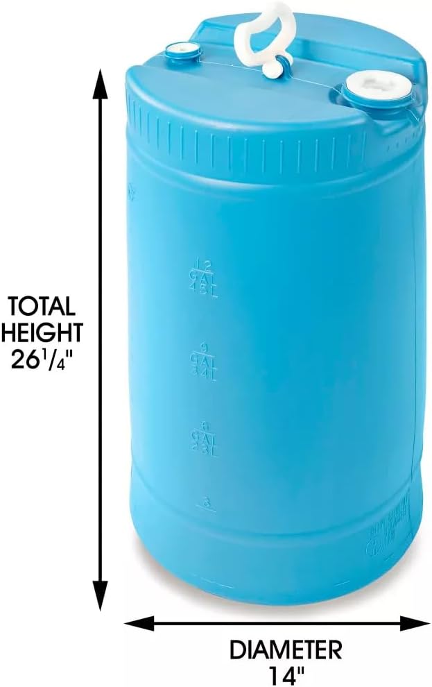 15 Gallon Drum | Tight Head Drum | Water Storage | Chemical Storage | 2" & 3/4" Fittings | Food Grade | BPA Free | HDPE |UN Rated | (Blue, 15 Gallons)