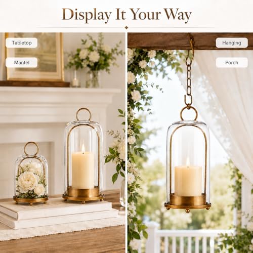 Hurricane Glass Candle Holders in Antique Brass, 5" & 4" Wide Gold Vintage Metal Candlesticks Holders for Pillar Candle Lantern with Handmade Thick Glass Dome, Industrial, Modern Home Decor (Brass) - Image 5