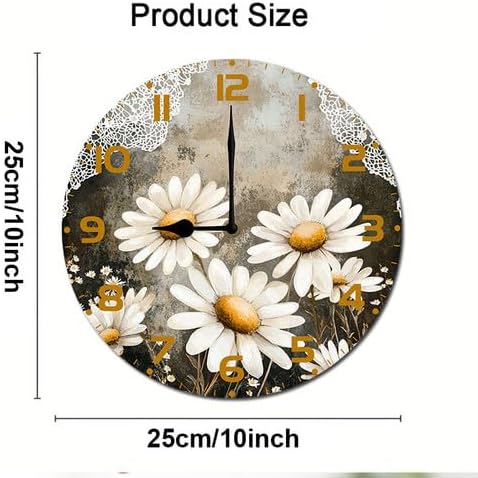Chamomile Flowers Daisies Wooden Silent Non-Ticking 10 Inch Round Clocks Battery Operated Analog for Living Room Kitchen Bedroom Bathroom Office Home School Decor