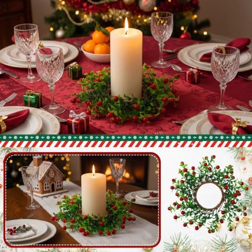Daifunli 2 Pcs Christmas Candle Rings Boxwood Berry Candle Rings for Pillar 3.9 Inch Artificial Berry Tea Light Ring Farmhouse Wreath Candles Holder for Christmas Winter Rustic Table Centerpiece Decor - Image 3