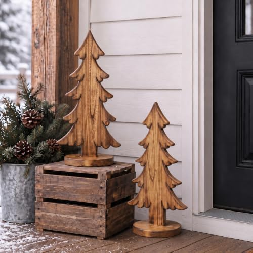 2 Pcs 18.9 Inch Large Wooden Christmas Tree Porch Decor by Sintuff