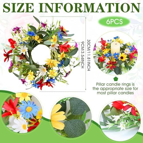 6 PCS Spring Summer Artificial Floral Candle Rings Wreath Sunflowers Daisy Forsythia Candle Rings Pillar Holder Wreath Mini Eucalyptus Candle Wreaths Kitchen Cabinet Swags for Home Tabletop Decor - Image 3