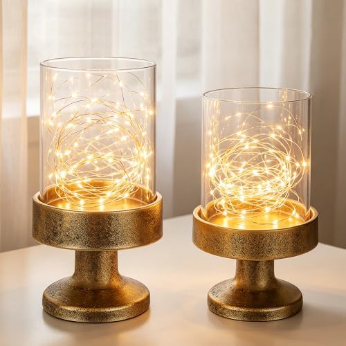 Set of 2 Glass Hurricane Candle Holders for Pillars with Metal Base in Antique Gold, Glass Candle Holder, Centerpiece, for Weddings, Dinner Parties, Dining Tables, Console Tables, Mantels - Image 4