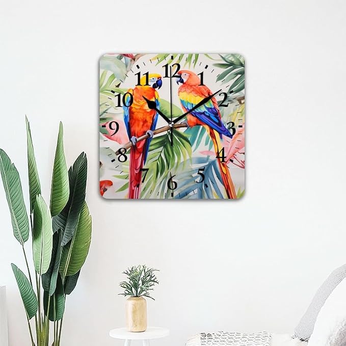 Quartz Wall Clocks Non-Ticking Silent Battery Operated Modern Wall Clocks Decorative for Home,Bedroom-Watercolor Painting of Beautiful Tropical Parrots(10inch)