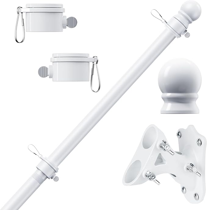 PHITRIC Flag Pole Kit, Tangle Free Spinning Stainless Steel Rustproof Flagpole for 3x5 Sports Fan Outdoor Flags for Outside House (White, 6FT, with Bracket)