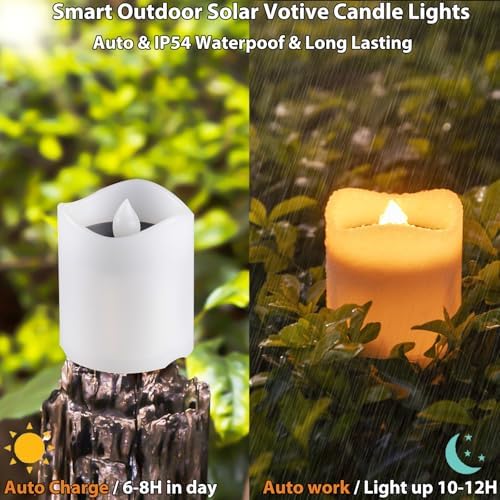 Solar Candles Outdoor Waterproof, 4pcs Rechargeable Dusk to Dawn Little Votive Candles, Flameless Flickering Solar Tea Lights for Patio Yard Deck Pathway Window Outdoor Lantern Decor(Warm Amber) - Image 3