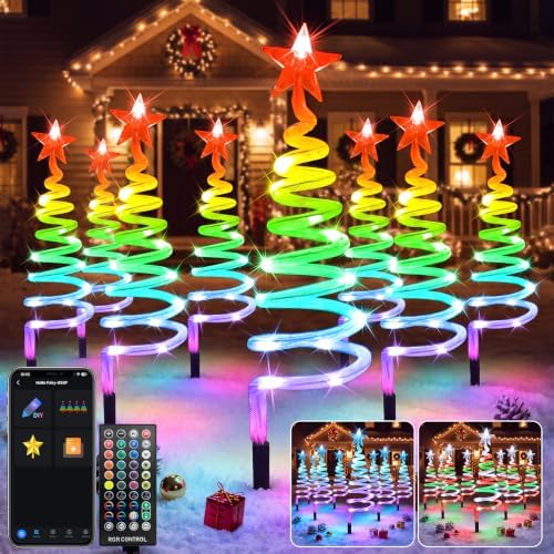 8 Pack Smart Control RGB Connectable Christmas Spiral Tree Pathway Lights by FREECUBE