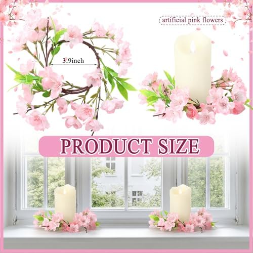 Daifunli 2 Pcs Spring Cherry Blossom Candle Ring Artificial Cherry Blossom Wreaths for Pillar 3.9 Inch Candles Holder for Spring Country Wedding Kitchen Rustic Table Centerpiece Decor - Image 2