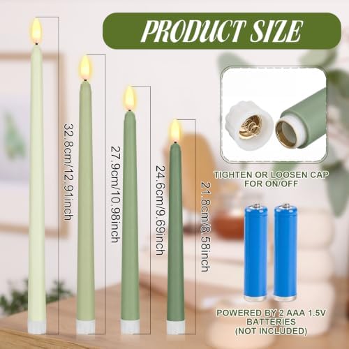 Rossesay 24 Pcs Flameless LED Taper Candles Battery Operated Candle 8.5", 9.65", 10.8", 12.8" Flameless Candlesticks Flickering for Christmas Church Wedding Indoor Decoration(Classic, Green Series) - Image 2