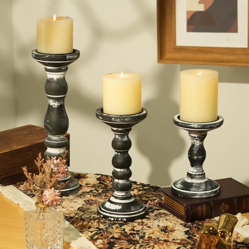 Wood Pillar Candle Holder: Rustic Distressed Black Candle Stand - Image 3