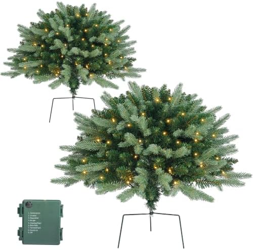 Christmas Planter Filler Tree Outdoor Prelit 2 Pack, 28" Urn Fillers for Porch Planters Pathway Battery Operated Light, Xmas Greenery Outside Decorations by HomeKaren