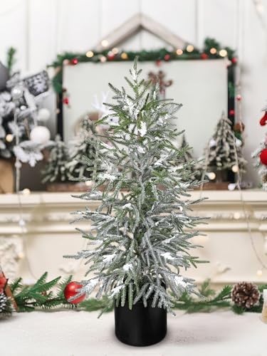 3FT Snow Flocked Artificial Norfolk Pine Tree in Pot, Real Touch Artificial Topiary Tree Small Faux Tabletop Christmas Tree for Front Porch Kitchen Home Indoor Outdoor Decor - Image 2
