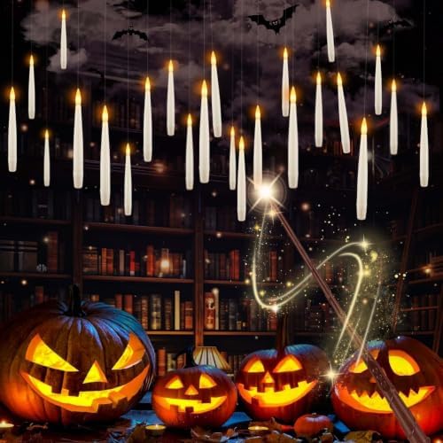 12 Pcs Hanging Floating Candles with Wand Remote, Magic LED Flying Taper Candles Battery Operated, Flickering Warm White Flameless Window Decor for Halloween Party, Christmas & Themed Events by Grcdoyvl
