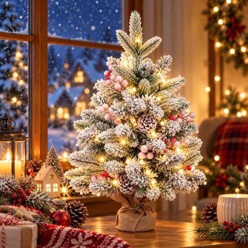 Pre-Lit 2FT Flocked Tabletop Christmas Tree Mini Xmas Tree w/ 60 LED by DTNESS
