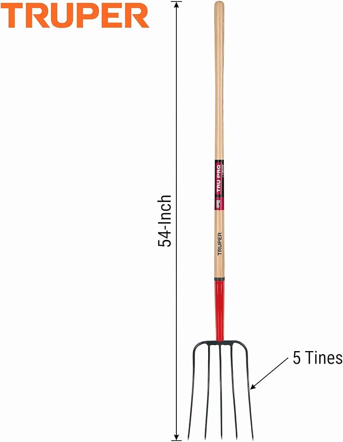 Truper Tru Pro 5-Tine Manure Fork, 54-Inch Premium White Ash Wood Handle, Forged Steel Head, Heavy-Duty Agricultural & Farm Tool (Model BPJ-5E / 30314)