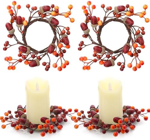 Daifunli 2 Pcs Fall Candle Rings Wreaths for Pillar 3.5 Inch Berry Acorn | Vintage Autumn Candles Holder, Artificial Table Centerpiece, Mini Fall Cabinet Wreath, for Thanksgiving Autumn Kitchen Decor by Huiinen