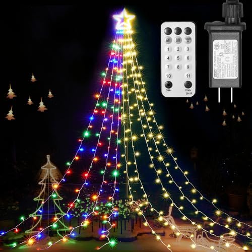 Outdoor Christmas Decorations with Remote, 317 LED Color Changing Christmas Lights with 9 Strands 11.9ft Waterfall Lights, 11 Modes, Waterproof & Timer for Xmas Décor, Multicolor & Warm White by BlcTec