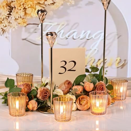 NITIME 8PCS Vintage Ribbed Gold Votive Candle Holders, Glass Candle Holder for Wedding Decorations, Tealight Candle Holder for Table Centerpiece, Diwali, Home and Party Decorations - Image 3