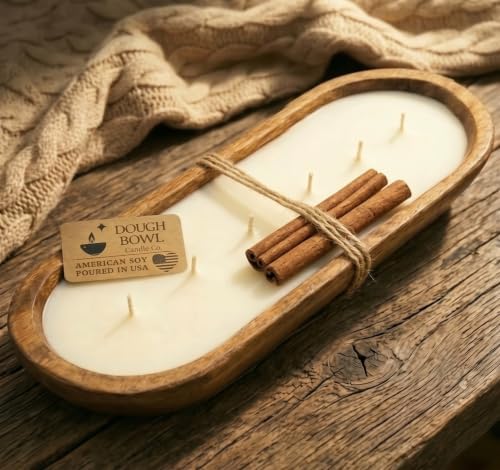 Dough Bowl Candle Co. Warm Cinnamon Buns Soy Candle - 6 Wick Rustic Farmhouse Coffee Table Decor, Odor Eliminator in Wooden Bowls, 32 Oz Wooden Dough Bowl Candle, All-Natural Gifts for Women and Men by Dough+Bowl+Candle+Company