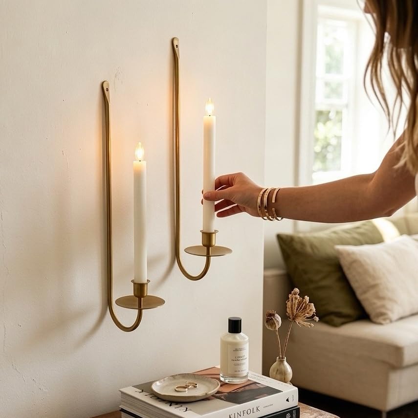 Wall Candle Holders Set of 2 Handcrafted Wrought Iron Sconces with Gold Finish, Easy to Install Modern Candle Holders for Living Room, Bedroom, Hallway, Wedding or Holiday Decor - Image 6