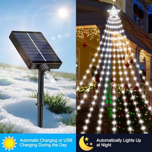 Solar Christmas Decorations Tree Lights Outdoor, 18.37ft 532LED Waterfall String Lights with 8 Modes Timer Remote Xmas Lights USB Powered for Garden Yard Patio Home Holiday Party Decor, Pure White - Image 6