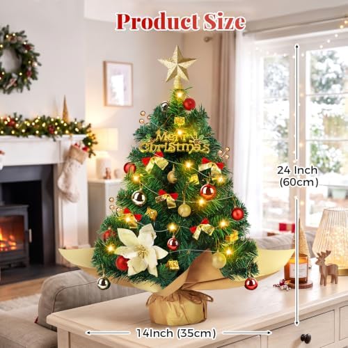24 Inch Mini Christmas Tree Set with LED Lights, Tabletop Xmas Tree - Image 5