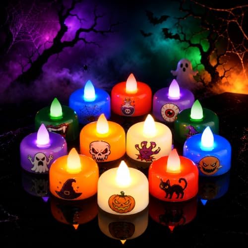Amagic 24Pack Halloween Multicolor LED Tea Lights Candles with DIY Stickers by AMAGIC