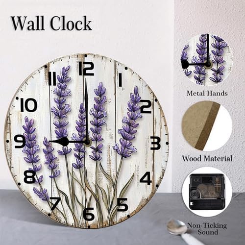 Lavender Flower Wooden Silent Non-Ticking 10 Inch Round Clocks Battery Operated Analog for Living Room Kitchen Bedroom Bathroom Office Home School Decor